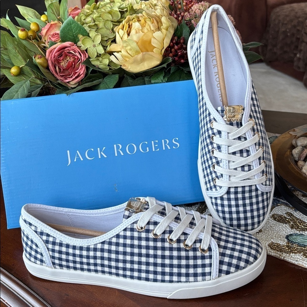 Brand New Jack Rogers Ava Gingham Low Top Sneakers Lace Up Navy Blue White